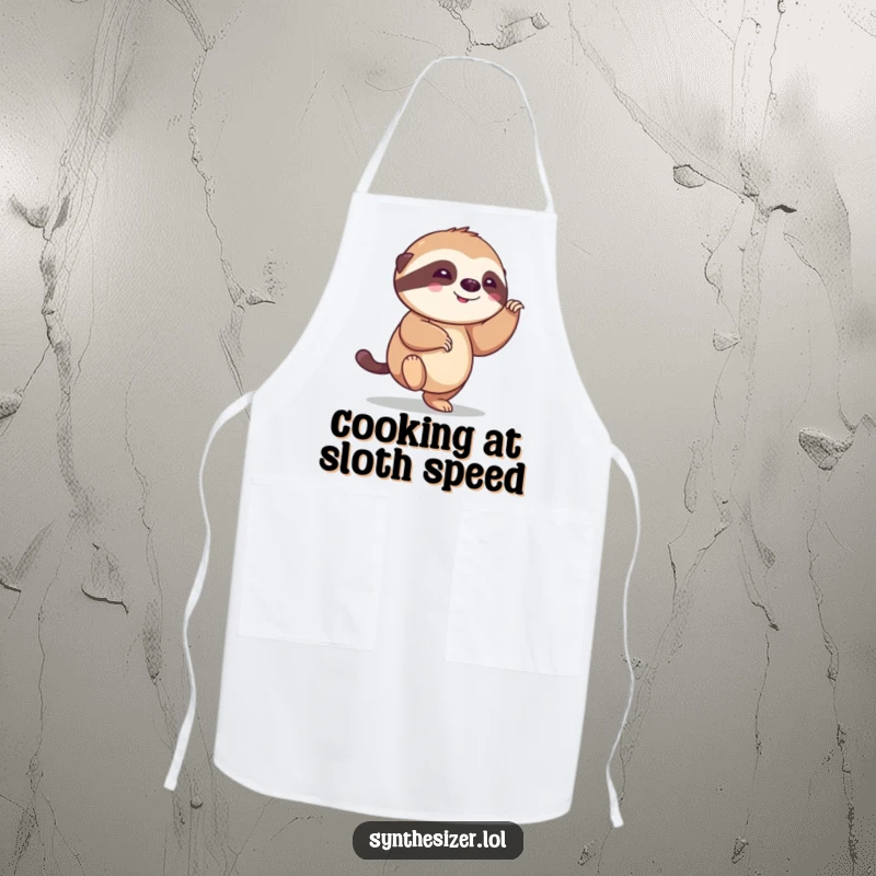 Funny sloth apron with a joyful, smiling sloth tapping its foot, ready to add some humorous flair to any kitchen task.