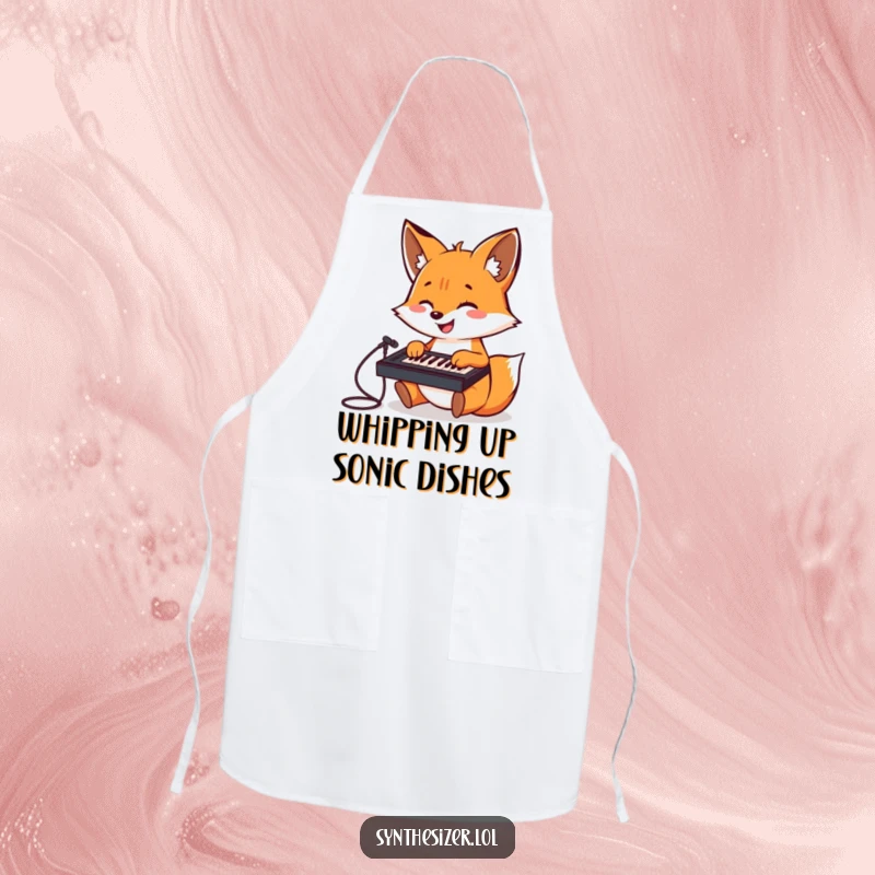 Funny Fox DJ Apron: A cheerful fox gleefully plays a tiny keyboard mixer, ready to add some musical flair to cooking.
