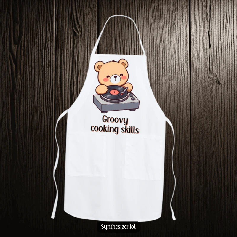Funny Bear DJ Apron: A happy kawaii bear is shown spinning a record on a turntable, ready to add some musical flair to cooking.