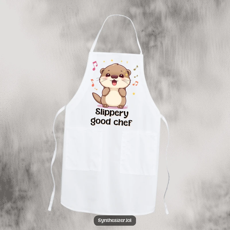 Funny energetic otter chef apron with sparkling eyes, bopping head to music, perfect for adding humorous joy to cooking.