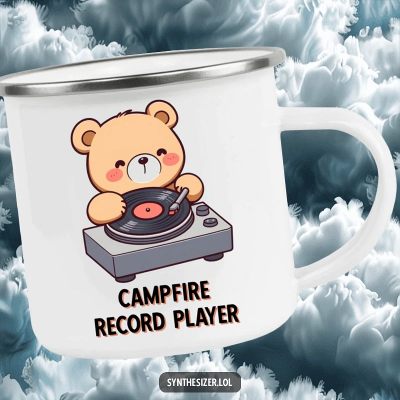 Funny Bear DJ Camping Mug: A kawaii bear is enthusiastically spinning a record on a turntable, perfect for enjoying beverages outdoors.