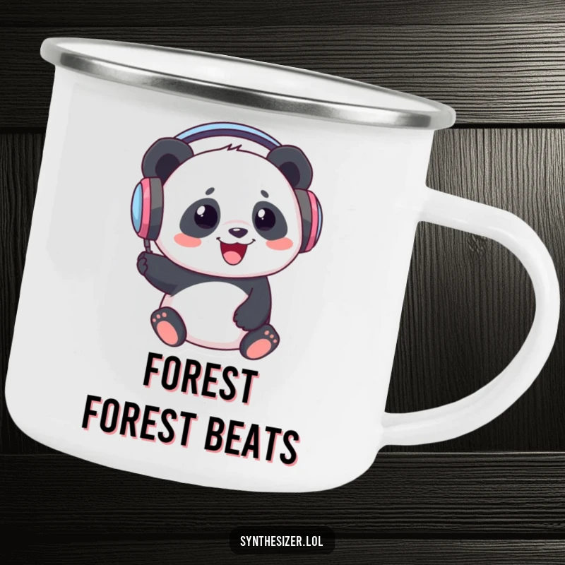 Funny Panda DJ Camping Mug: A panda wearing large headphones is joyfully bopping its head to music, perfect for enjoying drinks outdoors.