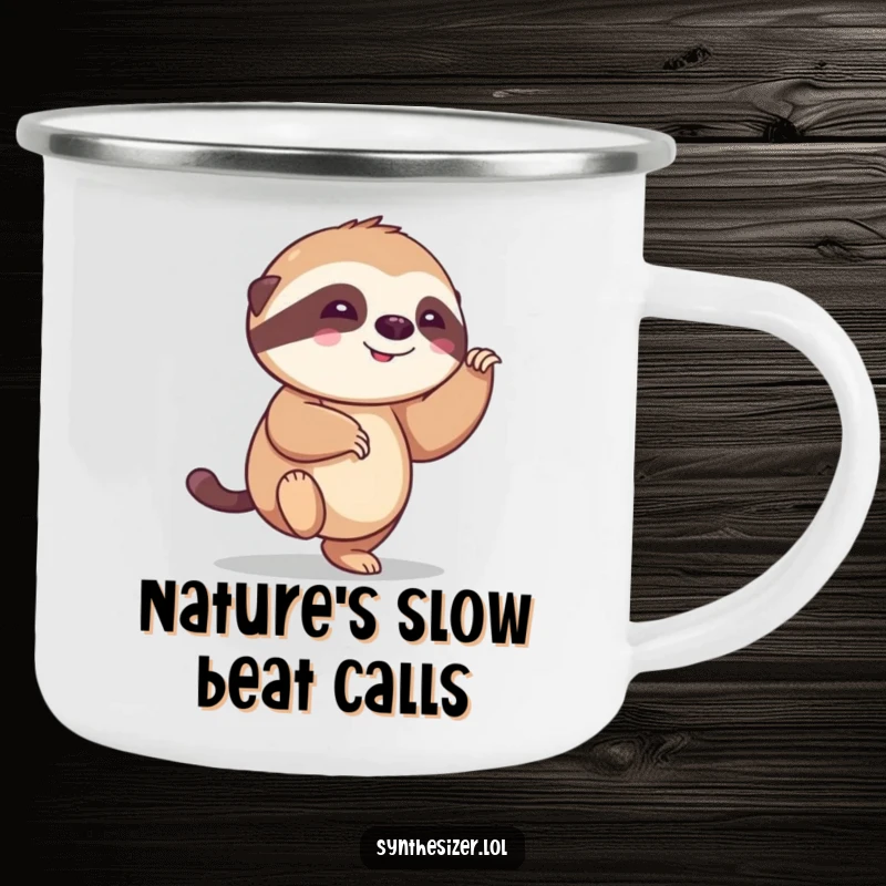 Funny sloth camping mug: a smiling sloth tapping its foot, perfect for enjoying beverages outdoors with a humorous, adventurous spirit.