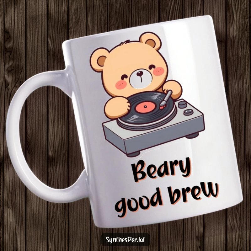 Funny Bear DJ Mug: A kawaii bear with a happy expression enthusiastically spins a vinyl record on a turntable, ready to party.