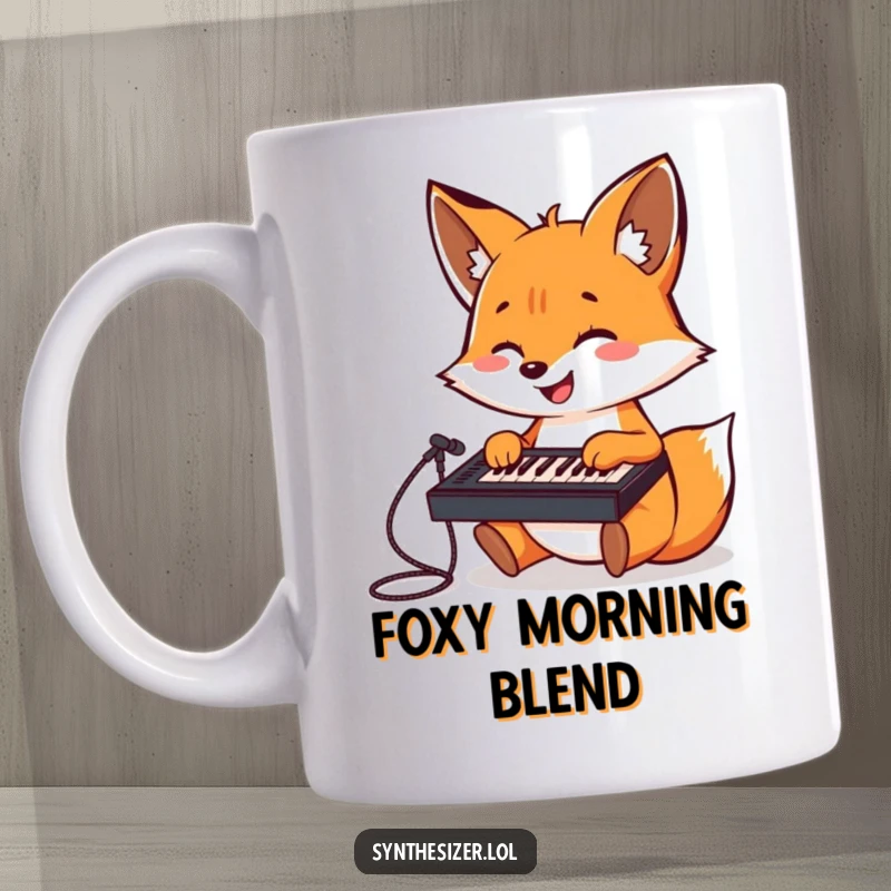 Funny Fox DJ Mug: A cheerful fox gleefully plays a tiny keyboard mixer, showcasing its passion for electronic music.