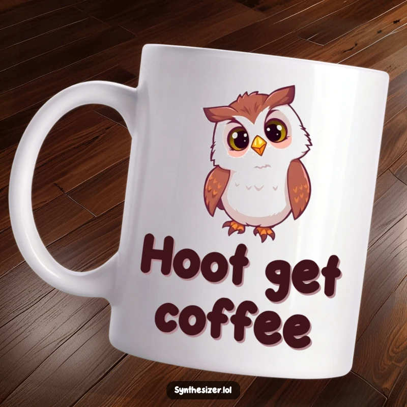 Funny owl mug with a curious head tilt, looking at a flashing DJ light, showcasing a quirky and observant nightlife personality.