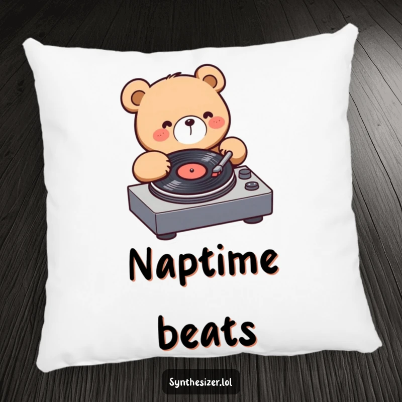 Funny Bear DJ Pillow: A cute kawaii bear is pictured spinning a vinyl record on a turntable, bringing musical joy to relaxation.