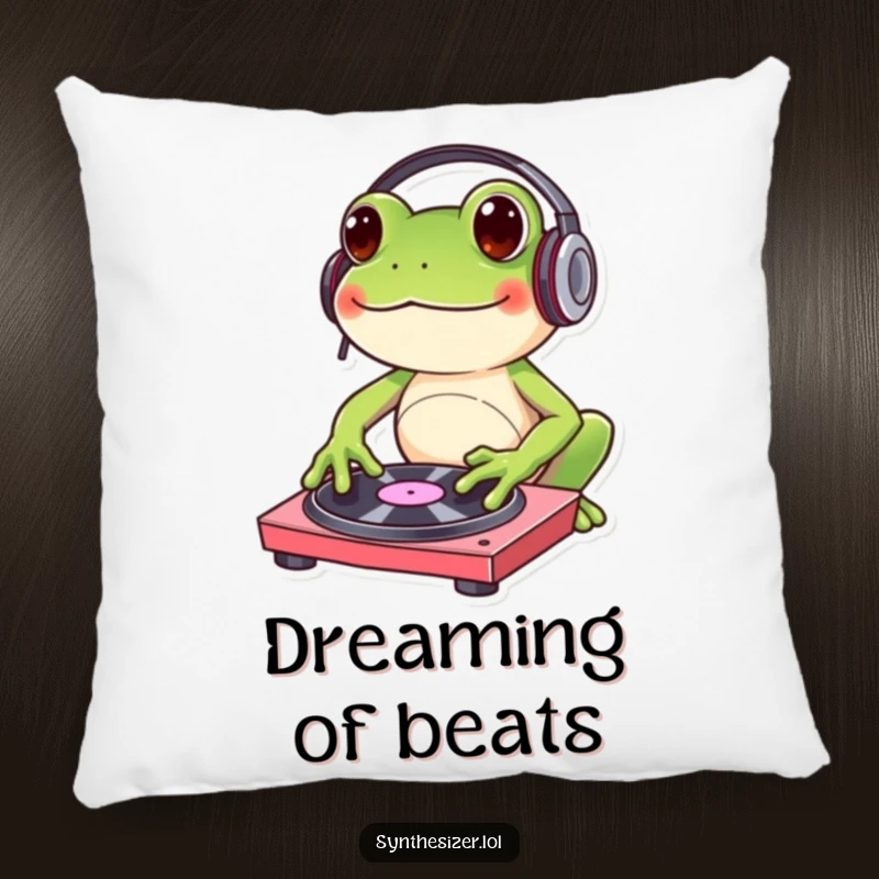 Funny frog DJ pillow featuring a frog with headphones tapping a turntable, offering humorous comfort and music-themed decor.