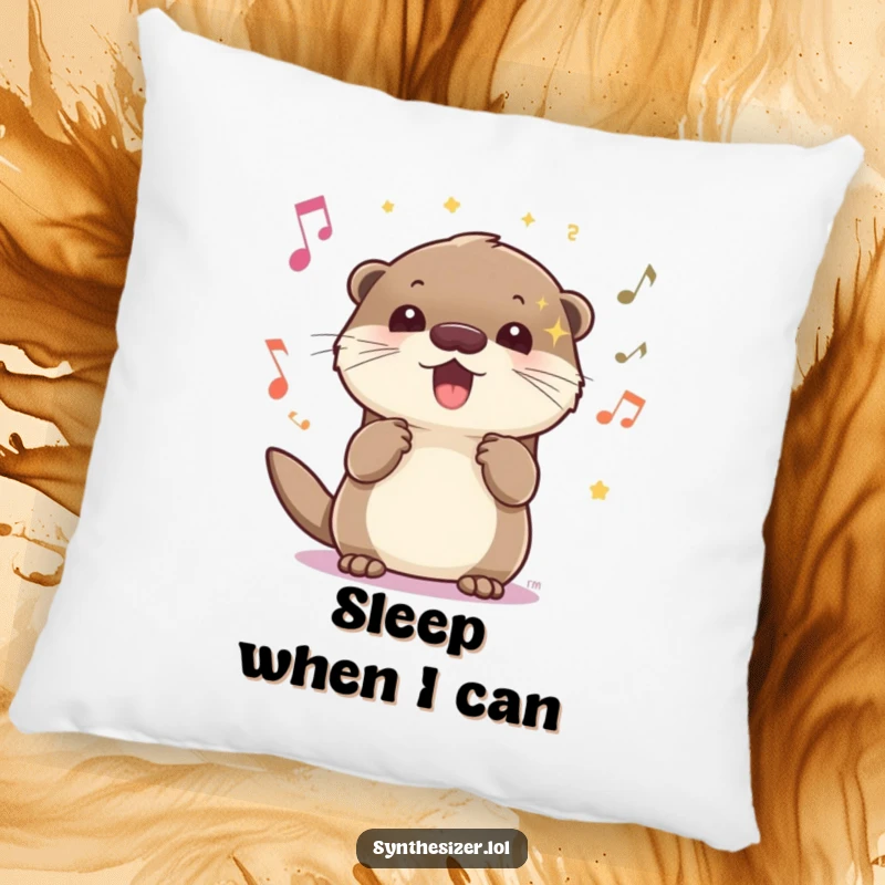 Funny energetic otter music pillow with sparkling eyes, bopping head to upbeat music, offering humorous comfort and cheerful decor.