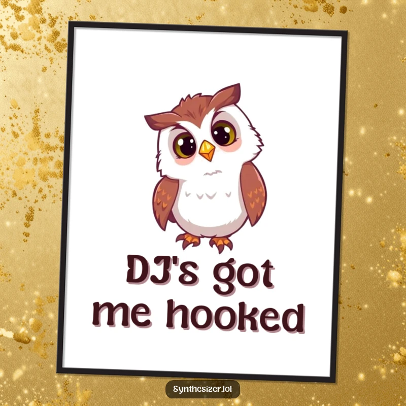 Funny owl DJ digital art print with a curious head tilt, looking at a flashing DJ light, ready for instant download and printing.