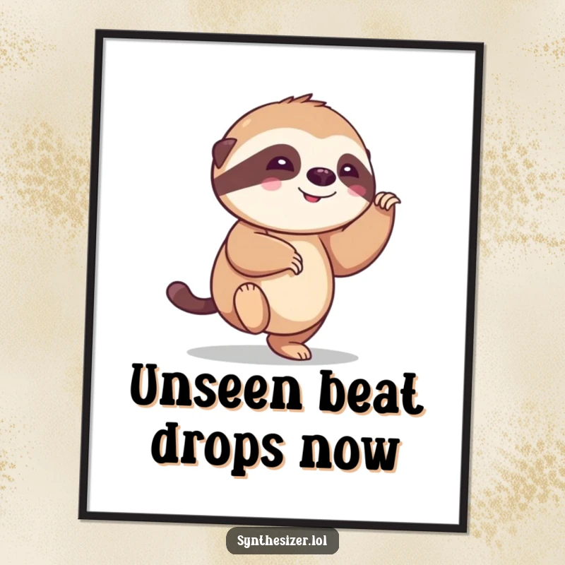 Funny sloth digital art print of a smiling sloth joyfully tapping its foot to an unseen beat, perfect for instant humorous wall decor.