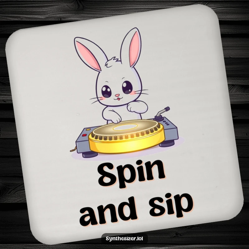 Funny bouncing bunny DJing on a glowing turntable with wide eyes on a drink coaster, perfect funny gift.