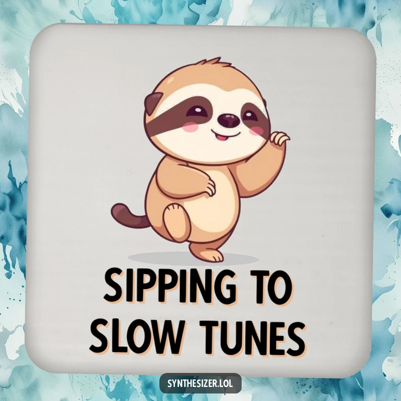 Funny sloth drink coasters, each featuring a smiling sloth tapping its foot, offering humorous protection for tables and surfaces.