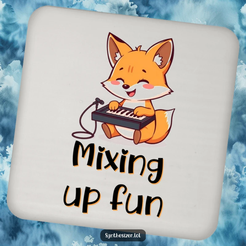 Funny Fox DJ Drink Coaster: A cheerful fox gleefully plays a tiny keyboard mixer, adding a fun, musical element to table protection.