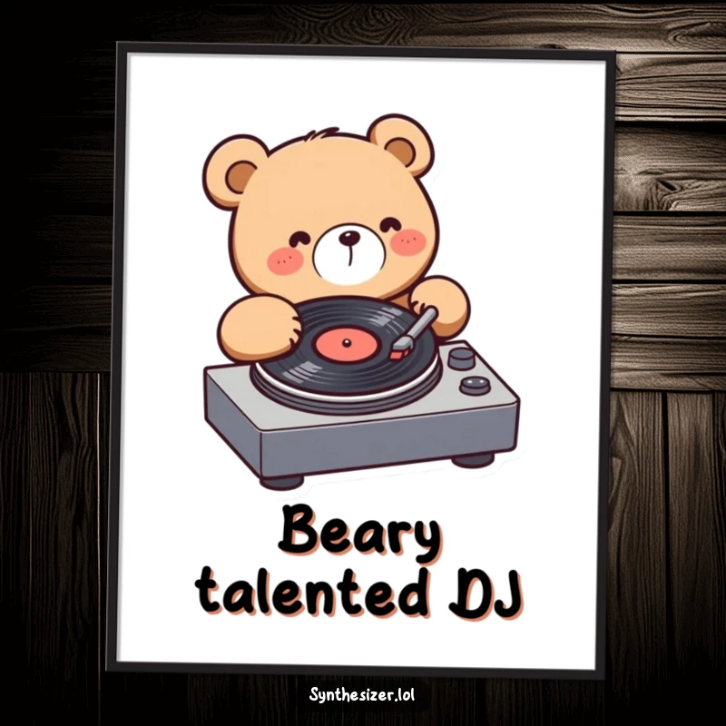 Funny Bear DJ Poster: A kawaii bear animatedly spins a record on a turntable, exuding joy and a love for music.