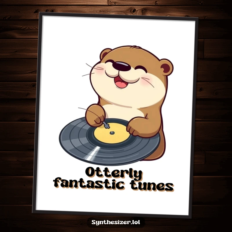 Funny Otter DJ Poster: A happy otter joyfully scratches a vinyl record on a turntable, creating a dynamic and fun music-themed artwork.
