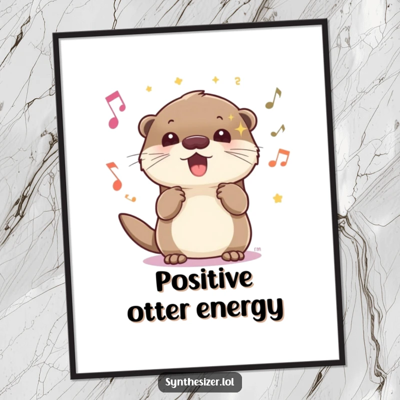 Funny energetic otter poster with sparkling eyes, bopping head to upbeat music, creating vibrant and humorous artwork.