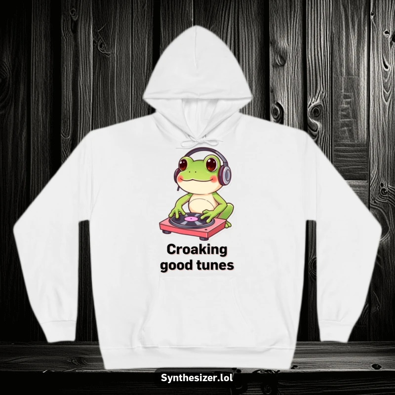 Funny frog hoodie with headphones, actively DJing and tapping a turntable, radiating energetic and humorous musical vibes.