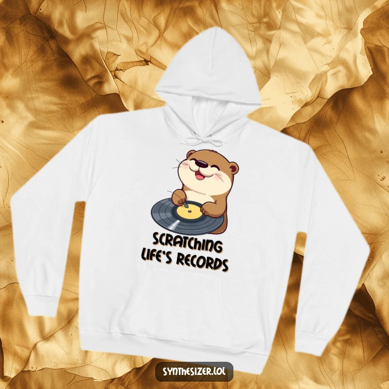 Funny Otter DJ Hoodie: A happy otter is shown joyfully scratching a vinyl record on a turntable, exuding musical enthusiasm.