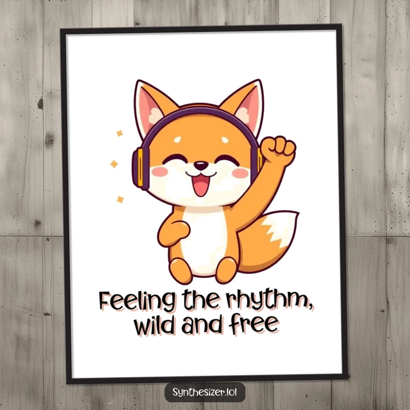 Funny Free Printable Wall Art of a jittery fox wearing headphones and enthusiastically pumping his fist.