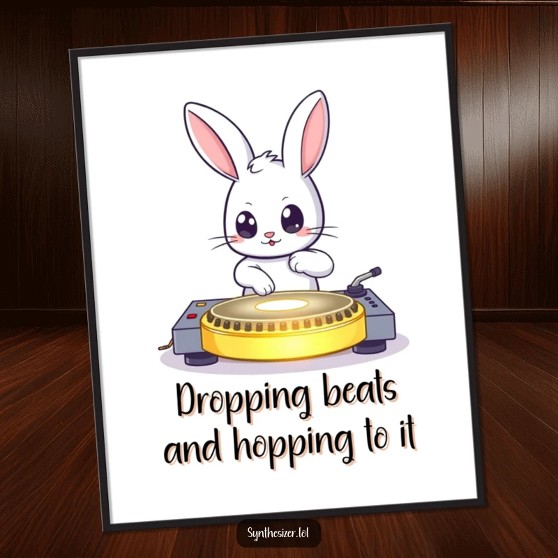 Funny Free Printable Wall Art: Bouncing bunny DJing enthusiastically on a glowing turntable, eyes wide with musical passion.