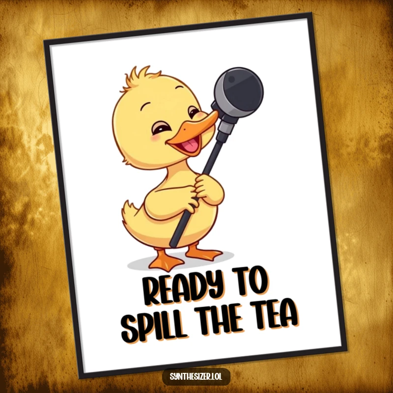 Funny Free Printable Wall Art of a giggling duckling adjusting a microphone boom arm with its beak.
