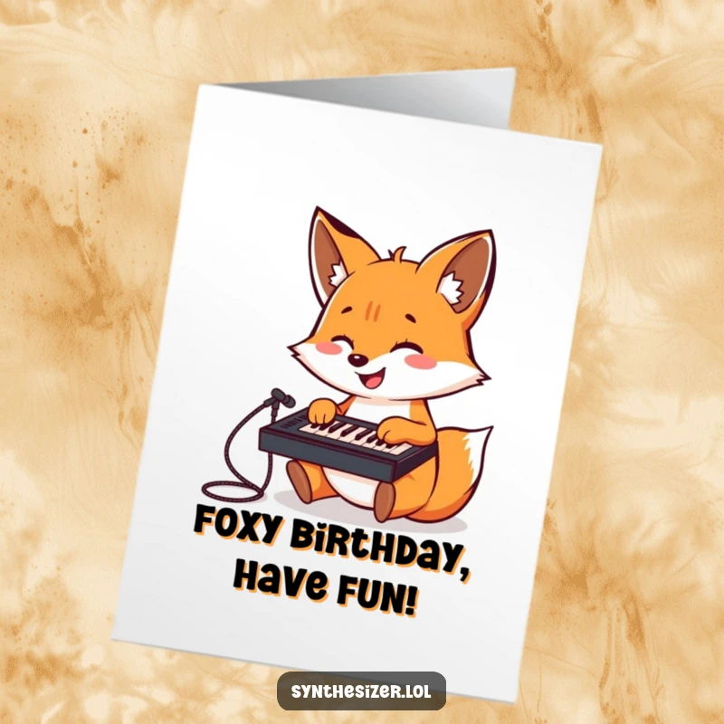 Funny Free Printable Birthday Card: A cheerful fox gleefully playing a tiny keyboard mixer, ready to celebrate the day.