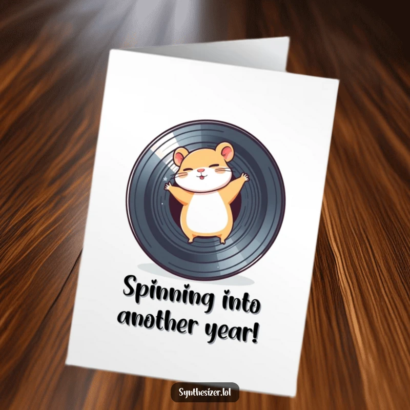 Funny Free Printable Birthday Card featuring a happy hamster spinning with eyes closed on a vinyl record.