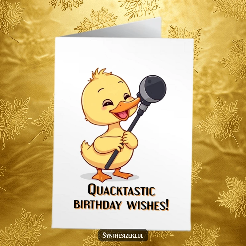 Funny Free Printable Birthday Card featuring a giggling duckling adjusting a microphone boom arm with its beak.
