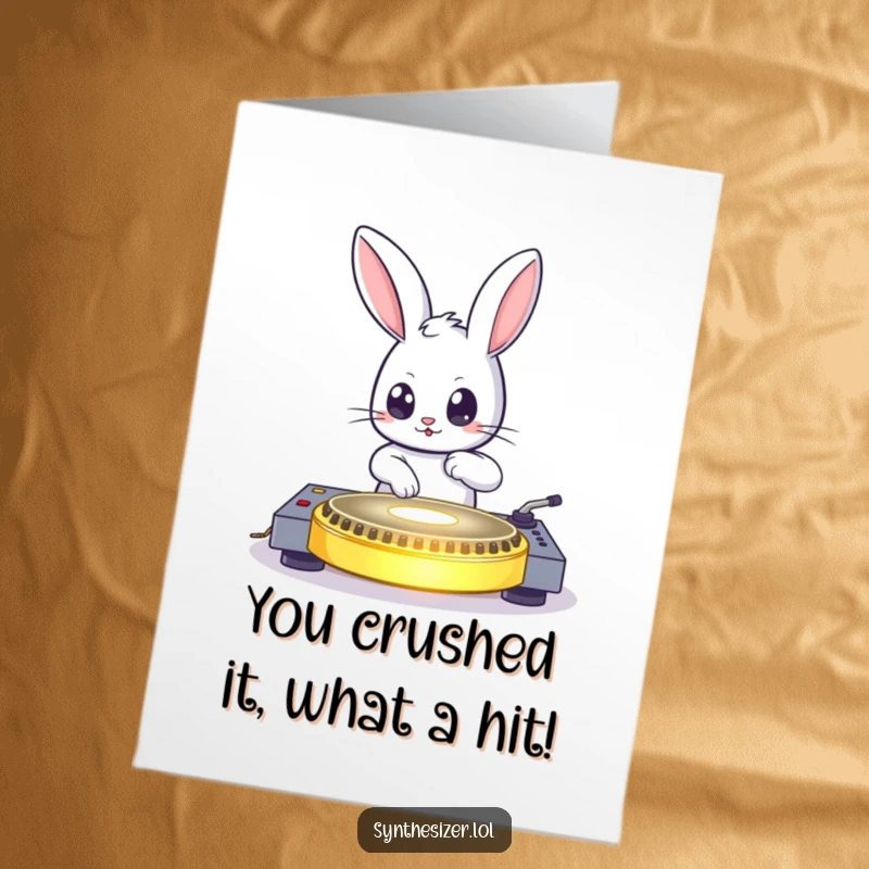 Funny Free Printable Congratulations Card: Bouncing bunny DJing on a glowing turntable, eyes wide with celebratory joy.