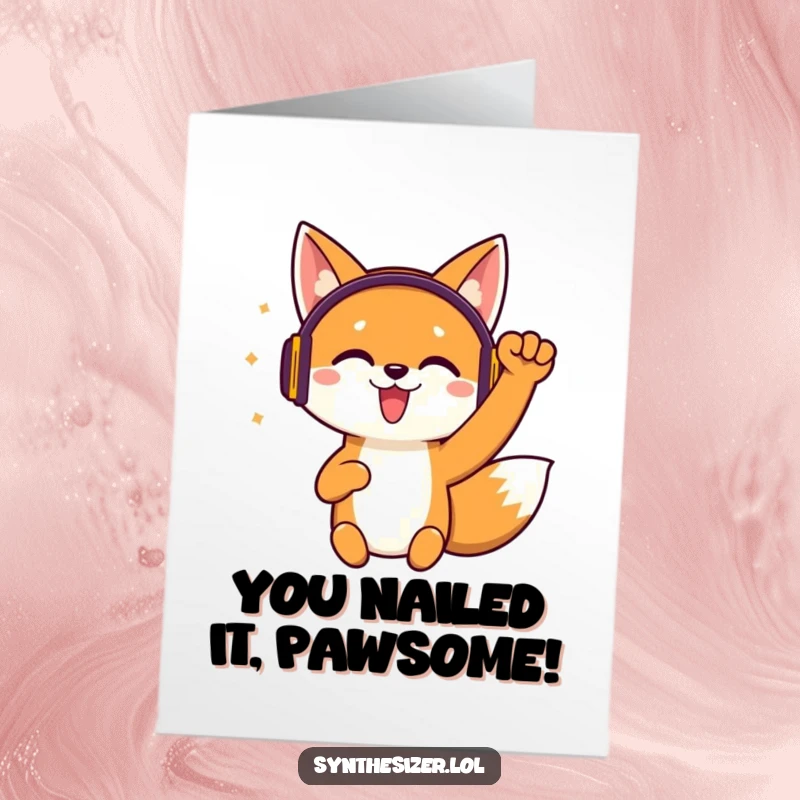 Funny Free Printable Congratulations Card showing a jittery fox in headphones fist-pumping with pure energy.