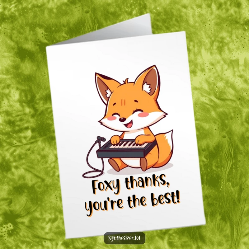 Funny Free Printable Thank You Card: A cheerful fox playing a mini keyboard mixer, sending thanks with a musical vibe.