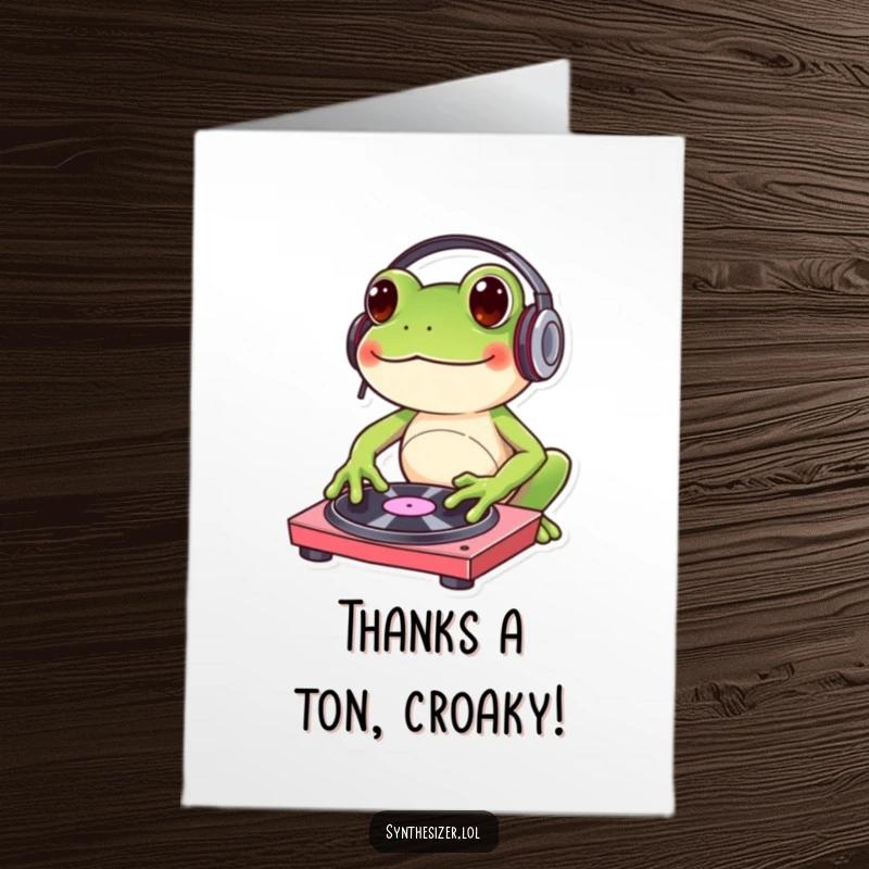 Funny Free Printable Thank You Card: A frog DJ with headphones taps a turntable, sending thanks.