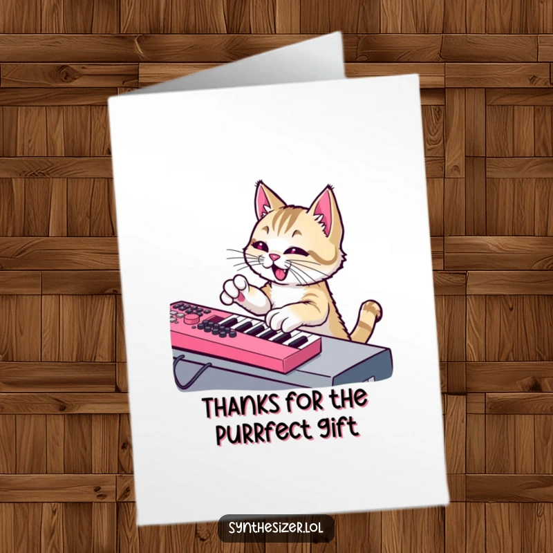 Funny Free Printable Thank You Card with a mischievous cat pawing a synthesizer keyboard.