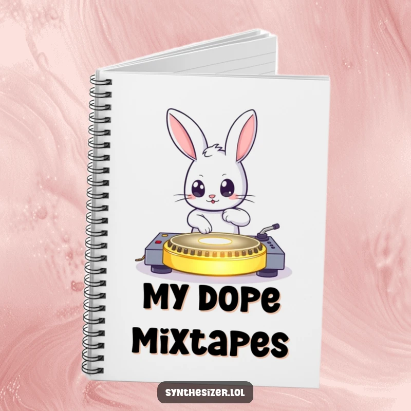 Funny bouncing bunny DJing on a glowing turntable with wide eyes on a notebook, perfect funny gift.