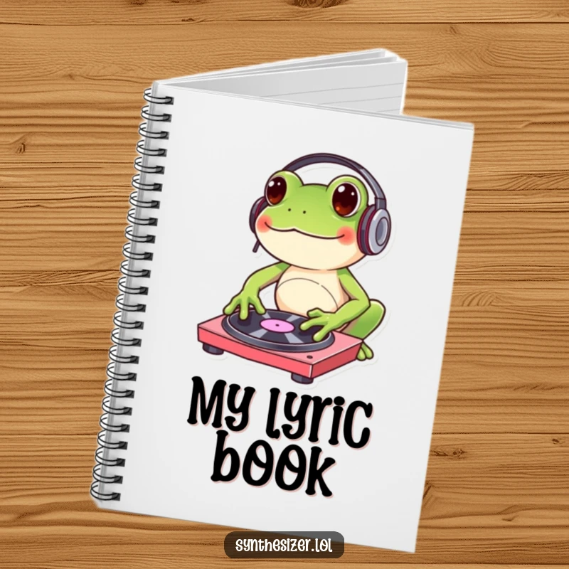 Funny frog DJ notebook with headphones, tapping a turntable, designed for jotting down notes with a humorous musical theme.