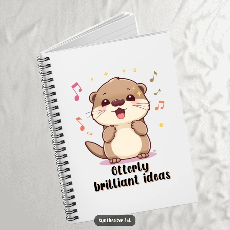 Funny energetic otter music notebook with sparkling eyes, bopping head to upbeat music, designed for capturing ideas with joyful flair.