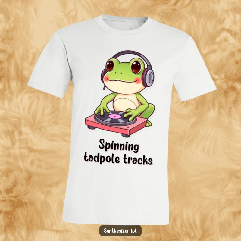 Funny bouncy frog t-shirt wearing headphones, joyfully tapping a DJ turntable, perfect for music enthusiasts and party lovers.