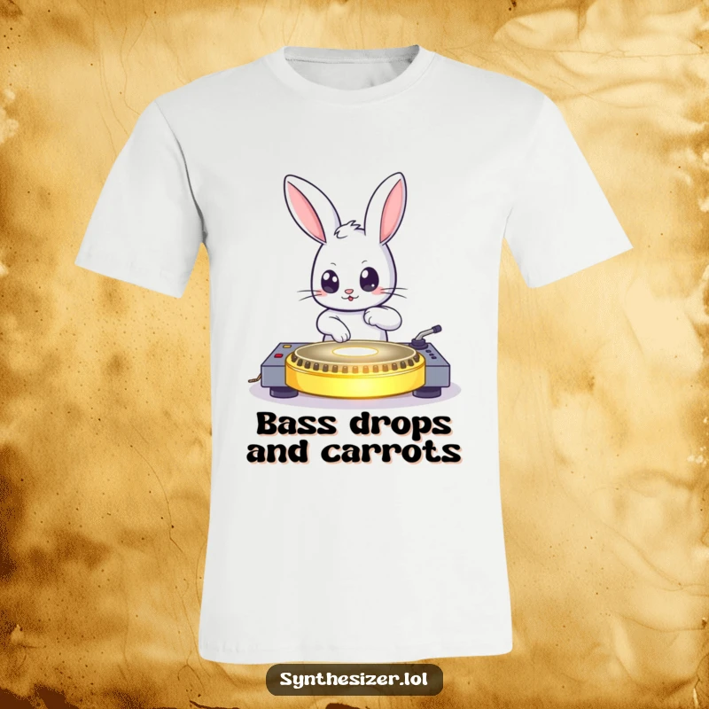 Funny bouncing bunny DJing on a glowing turntable with wide eyes, perfect for a funny t-shirt gift.