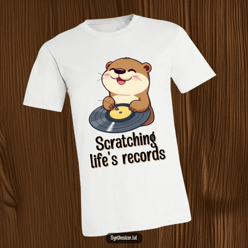 Funny Otter DJ T-Shirt: A happy otter is depicted joyfully scratching a vinyl record on a turntable, radiating musical passion.
