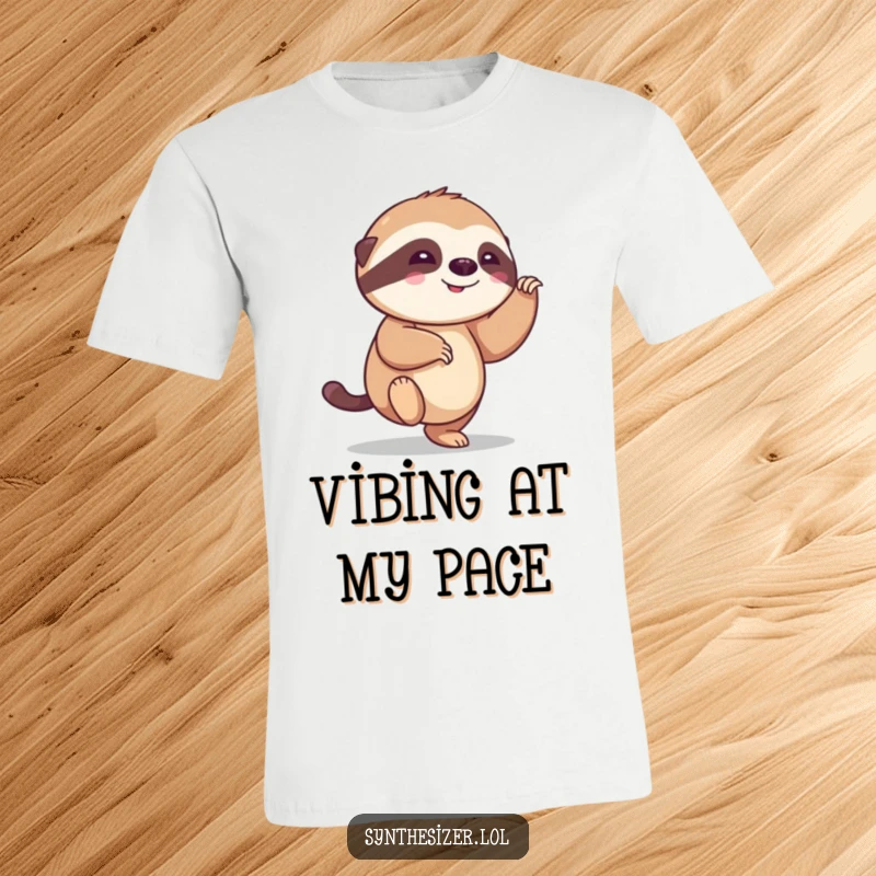 Funny sloth t-shirt, a smiling sloth gleefully tapping its foot to an unheard beat, capturing a moment of pure, uninhibited joy.