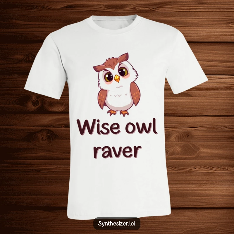 Funny owl t-shirt with a curious head tilt, observing a flashing DJ light, perfect for night owls and party enthusiasts.