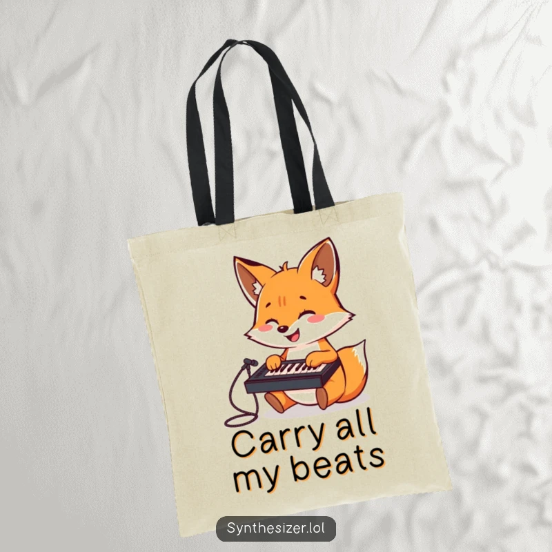 Funny Fox DJ Tote Bag: A cheerful fox gleefully plays a tiny keyboard mixer, ready to carry your music-making essentials.
