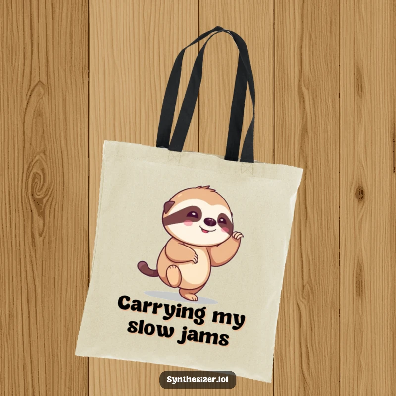 Funny sloth tote bag showcasing a joyful, smiling sloth tapping its foot to an imaginary beat, perfect for a humorous and practical accessory.