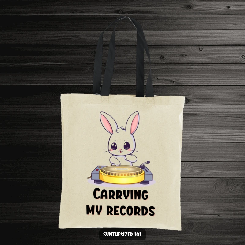 Funny bouncing bunny DJing on a glowing turntable with wide eyes on a tote bag, perfect funny gift.