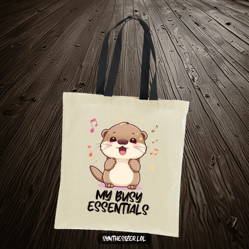 Funny energetic otter tote bag with sparkling eyes, bopping head to music, perfect for carrying items with joyful flair.