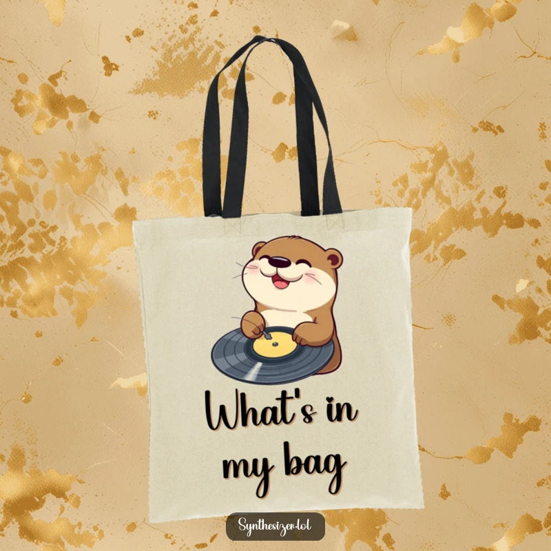 Funny Otter DJ Tote Bag: A happy otter is joyfully scratching a vinyl record on a turntable, ready to carry your gear.
